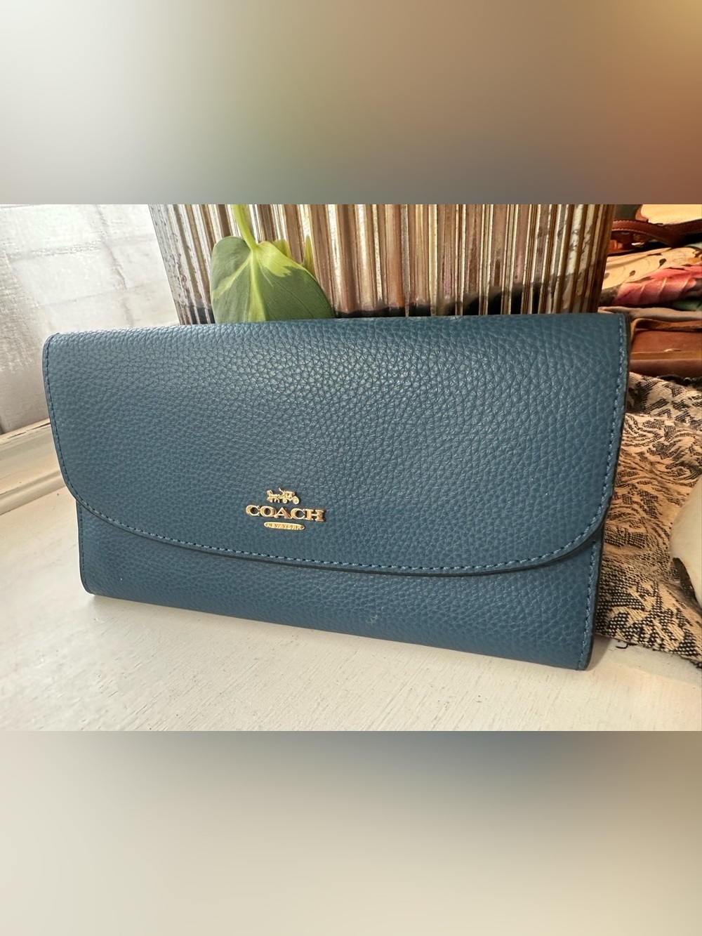 COACH Pebbled Leather Clutch in Lake Blue